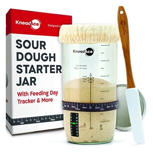 Kneadace Sourdough Starter Jar With Date Marked Feeding Band, Thermometer, Sourdough Jar Scraper, Sourdough Container Sewn Cloth Cover & Metal Lid, Sourdough Starter Kit For Sourdough Bread Baking