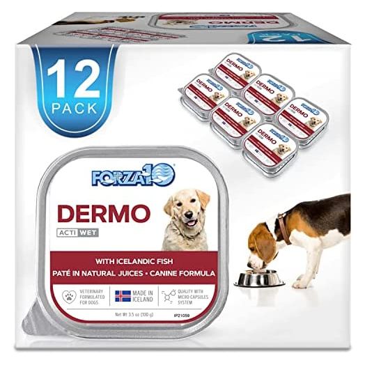 Forza10 Actiwet Dermo Wet Dog Food, Omega 3 Canned Dog Food Sensitive Skin Health, Dry Skin Fur Loss, 3.5 oz, Fish Flavor, Adult Dogs, 12 Case