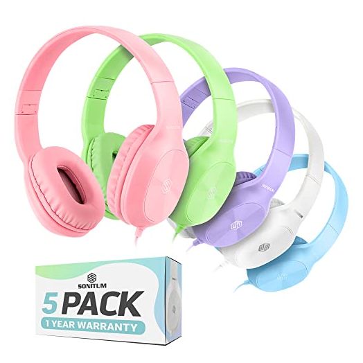 Sonitum Kids Headphones for School Bulk Set 5-Pack On-Ear, 3.5mm, Wired Headphones for Schools & Libraries – Adjustable, Cushioned Headphones (Mixed Colors)