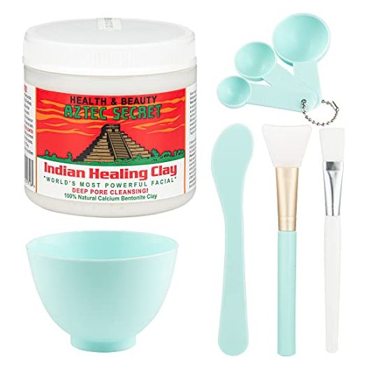Aztec Secret Bentonite Clay Face Mask Set, 1lb, Original Indian Healing Clay with a Face Mask Mixing Bowl Set, Includes Bentonite Clay Powder, Bowl, Spatula, Brush, Measuring Spoons, and More