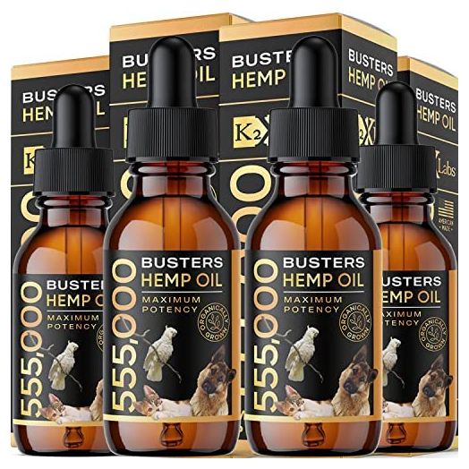 K2xLabs Buster's Organic Hemp Oil for Dogs Pets, 555,000 Multi-Pack, Large 60ML Bottle, Made in USA - Miracle Formula Omega 3, 6, 9 - Natural Relief for Joints, Calming (555,000, 4Pack)