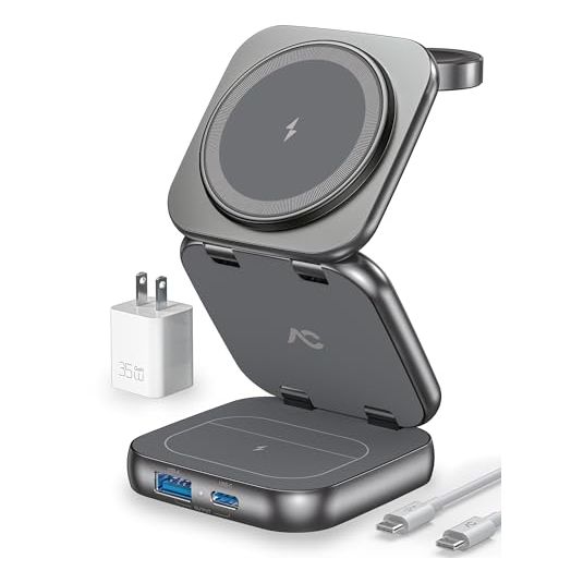 Wireless Charger for Magsafe, AC Island 5-in-1 Portable Charging Station, 15W Max Fast Foldable Magnetic Stand, Evolved for iPhone 15/14/13 Series, Apple Watch S1-9/Ultra, AirPods (with 35W Adapter)