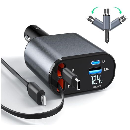 Retractable Car Charger, 4 in 1 Fast Charge Car Phone Charger Adapter 100W, Retractable Cables(2.6ft) for iPhone & Type-C, Cigarette Lighter Adapter for iPhone15/14/13 Pro Max, Galaxy, Pixel
