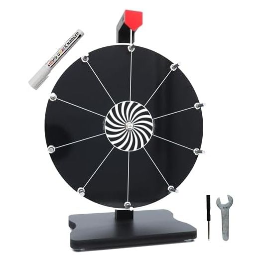 12 Inch Black Prize Wheel-Spinning Wheel for Prizes with Stand, 10 Slots, Customize Erasable Whiteboard Surface, Portable, Tools Included, Made in USA