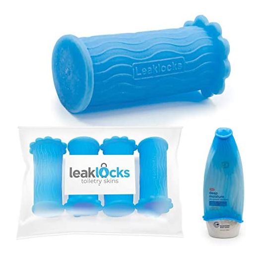 LeakLocks® Toiletry Skins™ 4 pak Elastic Sleeve for Leak Proofing Travel Container in Luggage. For Standard and Travel Sized Toiletries. Reusable Accessory for Travel Bag Suitcase and Carry-on Luggage