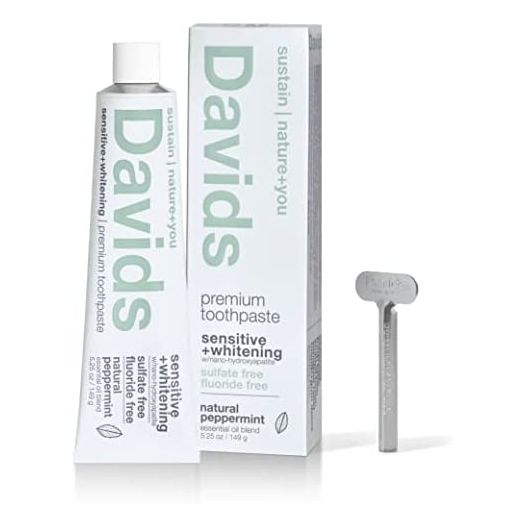 Davids Nano Hydroxyapatite Natural Toothpaste, Sensitive, Whitening, Enamel Health, Fluoride Free, SLS Free, Peppermint, 5.25 oz Metal Tube, Tube Roller Included