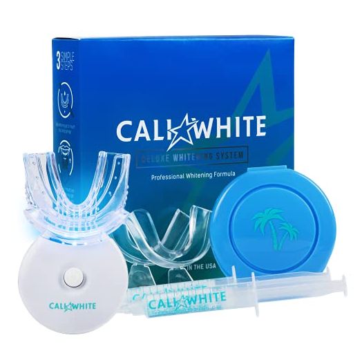 Cali White Teeth Whitening Kit with LED Light, Organic Peroxide Teeth Whitening Gel - Fast Teeth Whitening for Sensitive Teeth - 2X5mL Syringes, Whitening Trays & Case