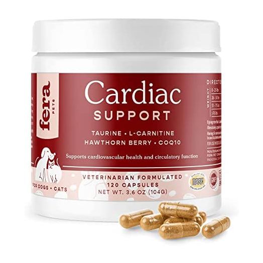 FERA Cardiac Support Supplement for Dogs Cats, Taurine, L-Carnitine, CoQ10, Organic Hawthorn Berry, Vitamin E, Promotes Cardiovascular Heart Health, Healthy Circulation