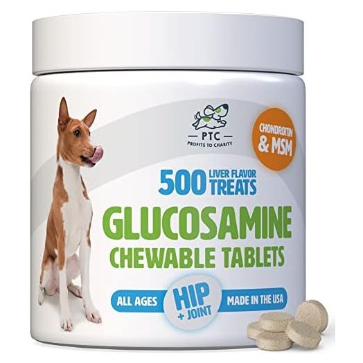 Glucosamine for Dogs with Chondroitin and MSM - Hip and Joint Supplement for Dog Mobility Support and Arthritis Pain Relief - 500 Chewable Tablet Treats by PTC - Profits to Charity