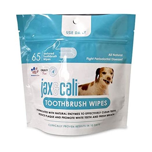 JAX & CALI Pet Toothbrush Wipes, All Natural Textured Dental Wipes, Holistic Pet Oral Care, Cruelty Free, Natural Enzymes Reduce Plaque and Inflammation, Keeps Teeth Clean, For Dogs And Cats, 65 Count