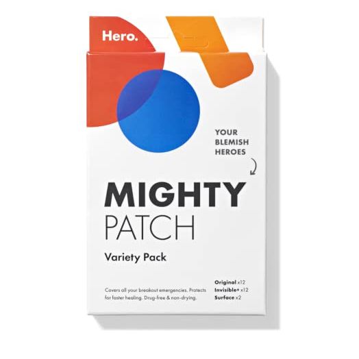 Mighty Patch Variety Pack from Hero Cosmetics - Hydrocolloid Acne Pimple Patches for Covering Zits and Blemishes, Spot Stickers for Face and Skin, Vegan-friendly and Not Tested on Animals (26 Count)