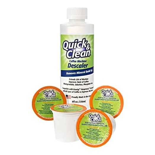 4-Pack of Cleaning Cups with Descaler Bundle (2 Uses Per Bottle) - 2.0 Compatible, Descaling Solution for Keurig, Nespresso, Ninja, Delonghi, All Coffee and Espresso Machines - By Quick & Clean