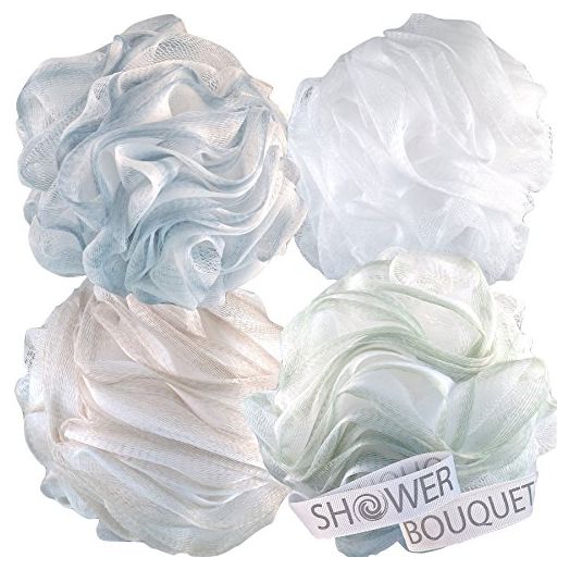 Loofah-Bath-Sponge XL-75g-Soft-Set by Shower Bouquet: 4-Pack-Pastel-Colors - Extra-Large Mesh Pouf Scrubber for Men and Women - Exfoliate with Big Lathering Cleanse