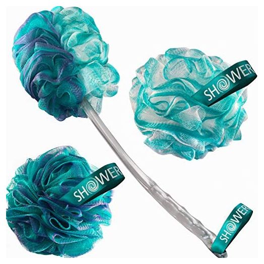 2-Side-Loofah-Back-Scrubber & Bath-Sponges by-Shower-Bouquet: 1-Long-Handle-Back-Brush Plus 2-Extra-Large 75g Soft Mesh Poufs, Men & Women - Exfoliate with Full Pure Cleanse in Bathing Accessories