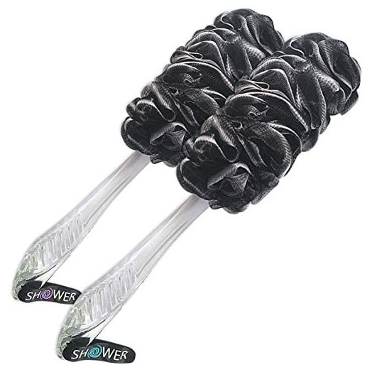 Loofah-Charcoal Back-Scrubbers 2-Pack-by-Shower-Bouquet: Long-Handle Bath-Sponge-Brushes with Extra Large Soft Mesh for Men & Women - Exfoliate with Full Pure Cleanse in Bathing Accessories