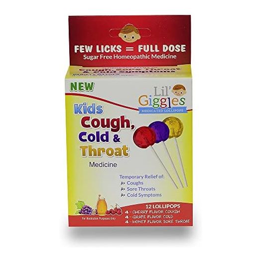 Lil' Giggles Kid's Cough, Cold & Throat Medicated Lollipops Variety Pack - for Children’s Persistent Cough, Cold and Sore Throat. Homeopathic Remedy. The Medicine Kid’s Will Love to take. 12 CT