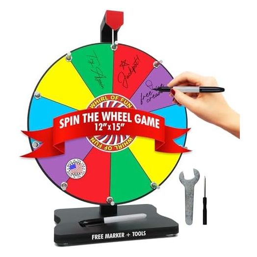 12 Inch Prize Wheel-Spinning Wheel for Prizes with Stand, 10 Color Slots, Heavy Duty, Erasable Whiteboard Surface, Easy Assembly, Tools and Marker Included, Made in USA