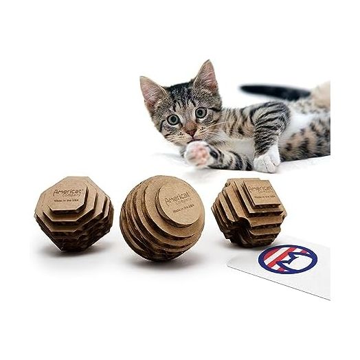 Cat Ball Toys by Americat – Made in USA – Safe Cardboard Cat Toys – for Interactive and Independent Play, Exercise & Stress Relief for All Breeds & Ages (Variety Pack of 3 Balls)