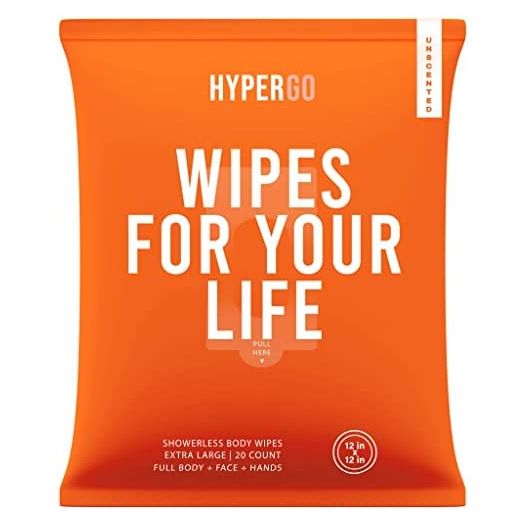 HyperGo Full-Body Rinse-Free Hypoallergenic Biodegradable Bathing Wipes –All Natural, Refreshing Anytime Anywhere, Post Workout, Camping, Travel, Daily Life, 12”x12” X-Large 20-count, Unscented 1 Pack