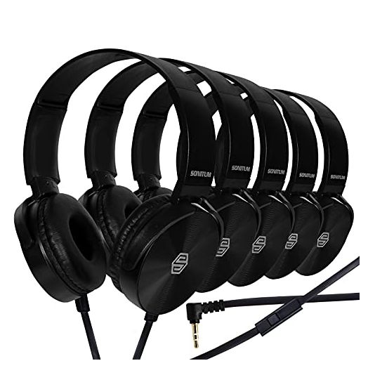 Classroom Headphones-Bulk 10-Pack, Student On Ear Comfy Swivel Earphones for Library, School, Airplane, Kids-for Online Learning and Travel, HQ Stereo Sound 3.5mm Jack (Black with Microphone)