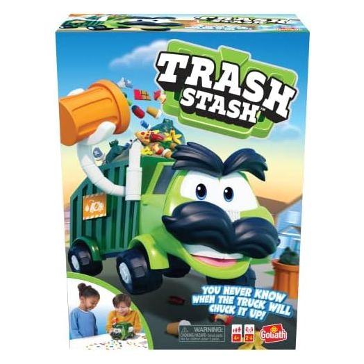 Goliath Trash Stash Game - Fill Trashcan, Watch It Dump Into Garbage Truck Or Truck Chucks It Up - No Reading Required, Ages 4 and Up, 2-4 Players , Green | Goliath