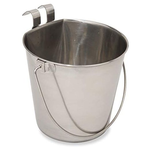 Indipets Heavy Duty Stainless Steel Flat Sided Pail with Hooks - Lays Flat Against Dog Kennel, Crate or Fence