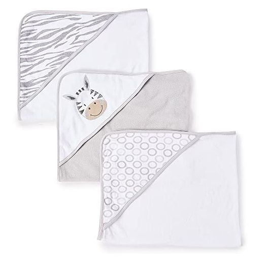 Spasilk Baby 3 Pack Soft Terry Hooded Towel Set for Newborn Boys and Girls, Grey Zebra