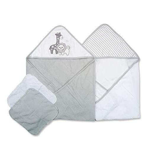 Spasilk Bath Hooded Towels & Washcloths Set for Babies, 2 Hooded Terry Bath Towels & 2 Washcloths, Grey Lion