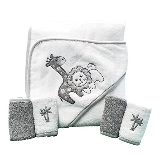 Spasilk Baby Cotton Terry Hooded Towel & Washcloth Bath Shower Set for Newborns and Infants, Gray Lion