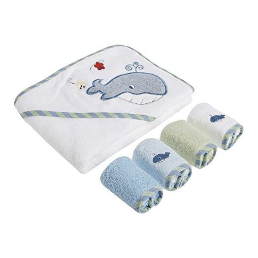 Spasilk Bath Hooded Towels & Washcloths Set for Babies, Hooded Terry Bath Towel & 4 Washcloths, Blue