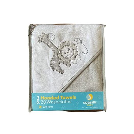Spasilk Bath Hooded Towels & Baby Washcloths Set, Baby Bath Essentials for Everyday Use, 23-Piece Gift Set, Gray Lion