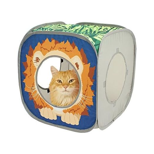 Kitty City Safari Play Cubee, Cat Cube, Play Kennel, Cat Bed, Jungle Cat House, Multicolor, 15 H x15 W inches