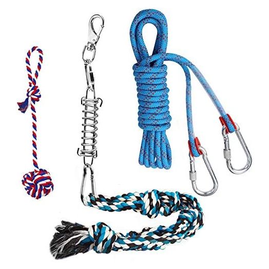 Spring Pole Dog Rope Toys with a Big Spring Pole Kit, 2 Different Twisted Cotton Rope Chew Toys and a 16ft Rope - Safe for Dogs to Pulling, Chasing, Chewing, Teasing, Training