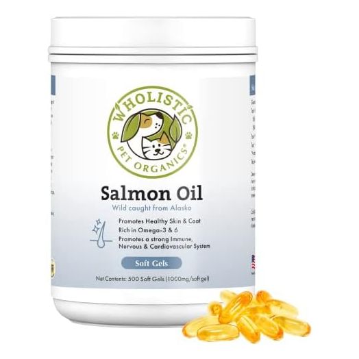 Wholistic Pet Organics Salmon Oil: Deep Sea Wild Alaskan Salmon Oil for Dogs - Omega 3 Dog Fish Oil with EPA and DHA for Skin, Coat, Heart and Nervous System Health - 500 Capsules