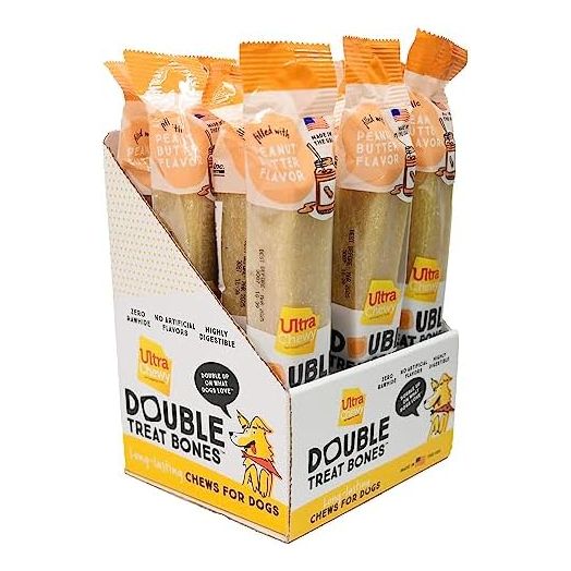 Ultra Chewy Peanut Butter Double Treat Bones: Long-Lasting Dog Treats Made in USA for Large and Small Breeds, Highly Digestible, Ideal for Aggressive Chewers (12 Count)