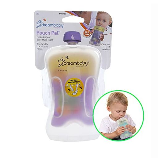 Dreambaby Pouch Pal Self Feeding Baby Food Pouch Holder - No Squeeze, No Spill, No Mess Reusable Container for Toddlers (1 Pack)