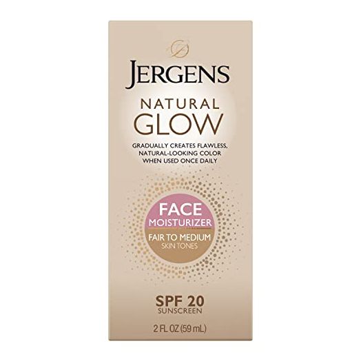 Jergens Natural Glow Self Tanner Face Moisturizer, SPF 20 Facial Sunscreen, Fair to Medium Skin Tone, Sunless Tanning, Oil Free, Broad Spectrum Protection UVA and UVB, 2 oz (Packaging May Vary)