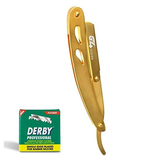G4 Professional Straight Edge Razor for Men with Replaceable Free 100 Derby Blades Barber Razor for Close Shaving Disposable Straight Razor (Golden)