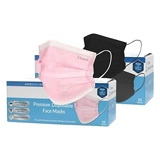 100pcs Litepak Adult Disposable Face Mask - Pink And Black Masks
