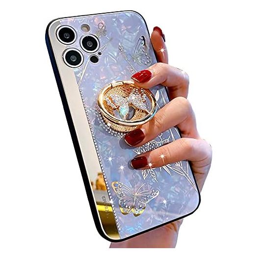 Topwin iPhone 12/12 Pro Case, Cute Conch Shell Mirror Floral 3D Butterfly with Kickstand Diamond Rhinestones Elegant Protective Cover for Girls Women for Apple iPhone 12/12 Pro 6.1'' 2020 (Purple)