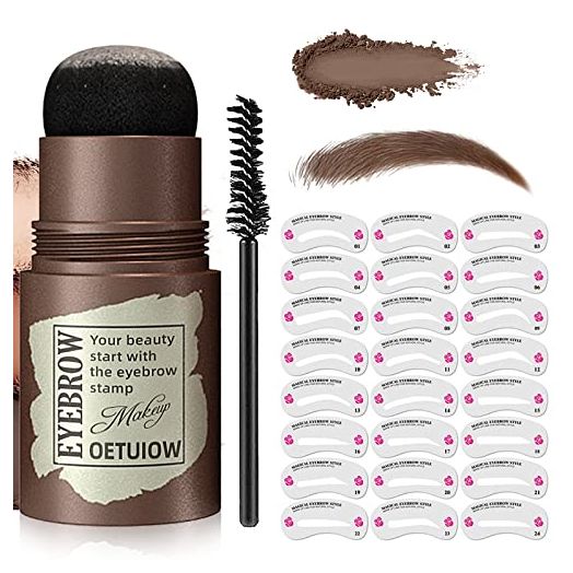 Eyebrow Stamp Stencil Kit - 1 Step Brow Stamp Shaping Kit Long-Lasting Waterproof with 24 Reusable Eyebrow Stencils, 3 in 1 Hairline Shadow Hair Root Bronzer Medium Brown