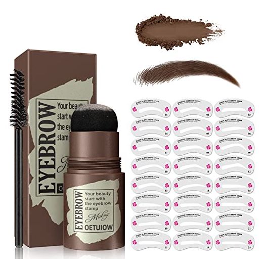 Eyebrow Stamp Stencil Kit - One Step Brow Stamp Shaping Kit Long-Lasting Waterproof, 3 in 1 Hairline Shadow with 24 Reusable Eyebrow Stencils Hair Root Bronzer Dark Brown