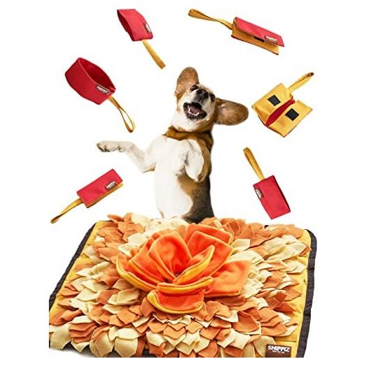 SmellyMatty Snuffle Mat for Dogs - Enrichment Hide & Seek Treat Toys (Large Nosework Sniff Mat + Food Puzzles) - Interactive IQ Game for Boredom (Autumn Leaves (6 Mini Treat Puzzles))