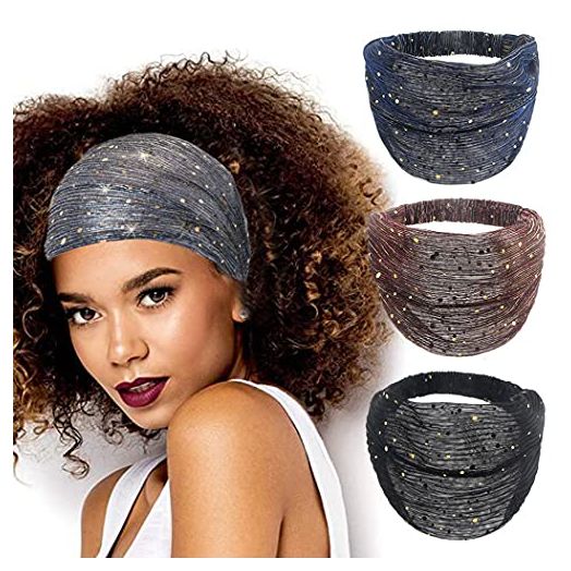 CAKURE Sequins Wide Headbands African Head Wraps Boho Turban Breathable Bling Head Bands Stretchy (Pack of 3)