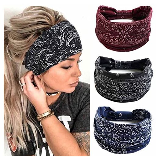 CAKURE Boho Wide Headbands Knotted Head Bands Turban African Head Wraps Yoga Hairbands Stretch (Pack of 3)