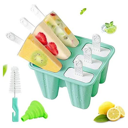 Popsicle Molds 6 Pieces Silicone Ice Pop Molds, BPA Free Popsicle Mold Reusable Easy Release Ice Pop Maker with Silicone Funnel and Cleaning Brush,Green