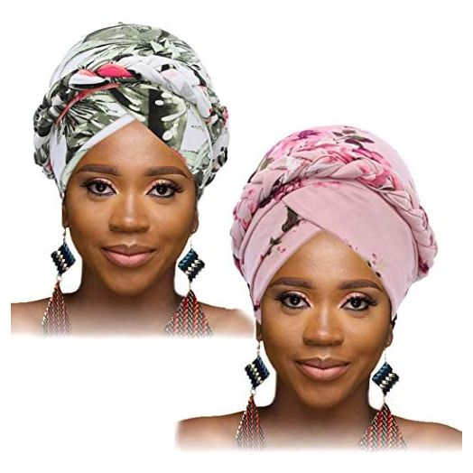 Woeoe African Turban Head Wrap Pink Pattern Head Scarf Soft Flower Print Head Cover Cap Headwear (Pack of 2)