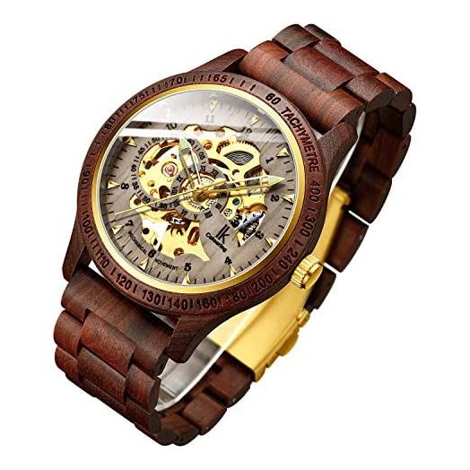 Men's Watches Luxury Mechanical Wooden Case Skeleton Lumious Automatic Self-Winding Lightweight Genuine Leather Bracelet/Wood Band Wrist Watch