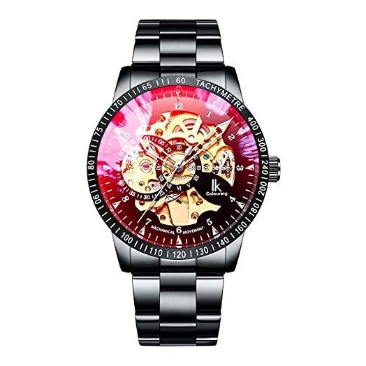 IK Men's Watch Skeleton Automatic Mechanical Wristwatch, Silver Golden Dial Tachymeter Black Stainless Steel Casual Steampunk Watch