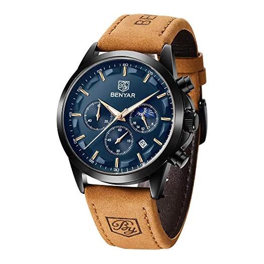 BY BENYAR Men's Watches Waterproof Sport Military Watch for Men Multifunction Chronograph Black Fashion Quartz Wristwatches Calendar with Leather Strap